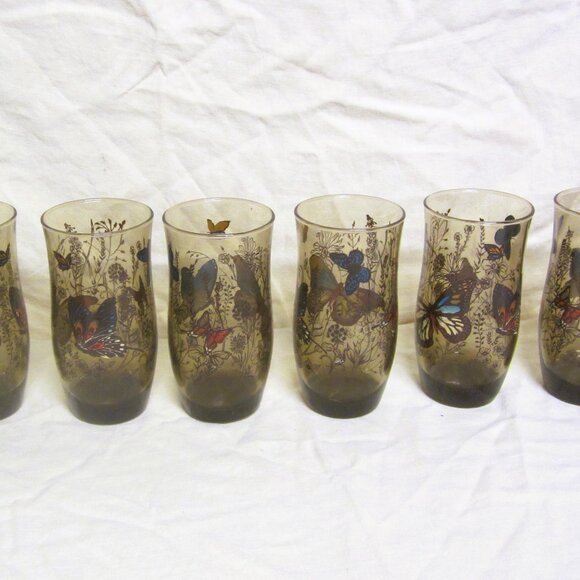RETRO SET OF 6 TUMBLERS, SMOKEY GLASS W/BUTTERFLY DESIGN - Picture 1 of 9